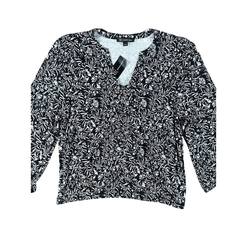 INC International Concepts Black & White Floral Lace-Up Casual Shirt - Large